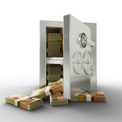 Bundles of Pakistani Rupee in Steel safe box. 3D rendering of stacks of money inside metallic vault isolated on white background, Financial protection concept, financial safety. - obrazy, fototapety, plakaty
