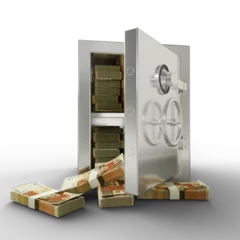 Foto op Canvas Bundles of Pakistani Rupee in Steel safe box. 3D rendering of stacks of money inside metallic vault isolated on white background, Financial protection concept, financial safety. © RODWORKS
