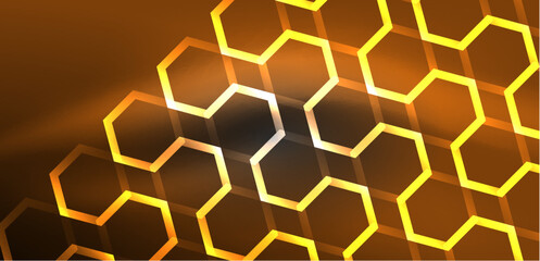 Hexagon abstract background. Techno glowing neon hexagon shapes vector illustration for wallpaper, banner, background, landing page, wall art, invitation, prints, posters