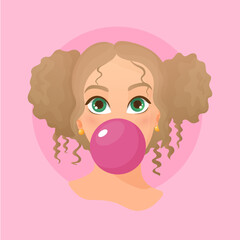 Girl with the flavor chewing cute cartoon bubble gum	