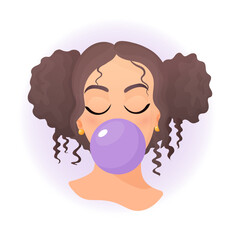 Girl with the flavor chewing cute cartoon bubble gum	