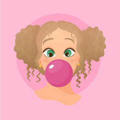 Girl with the flavor chewing cute cartoon bubble gum	