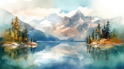 034_The majestic sight of a mountain range, with a pristine lake nestled in the valley below , Watercolor, hand-drawn art style, Generative AI
