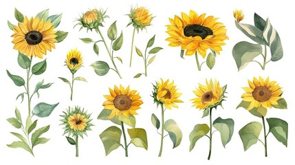 set of watercolor sunflower plants, generative ai - obrazy, fototapety, plakaty