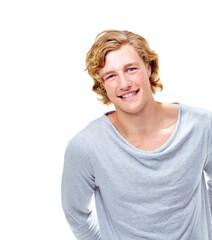 Fashion, happy and portrait of man with smile for confidence, attractive and pride on white background. Studio, confident and face of isolated handsome young male person with trendy casual clothes