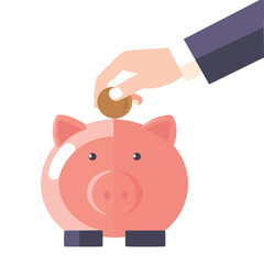 Hand putting coin to piggy bank with white background.