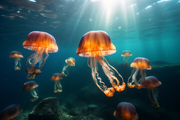 Common jellyfish in aquarium lit by blue light. High quality photo Generative AI