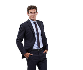 Businessman, portrait and professional suit in studio or formal executive, relaxed corporate manager or confident boss with hands in pocket. Man, employee or entrepreneur on white background