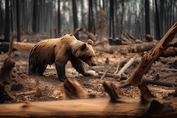 Suffering brown bear walking in the felled forest, looking for his home, destroying of nature. Save the planet. Generative AI.
