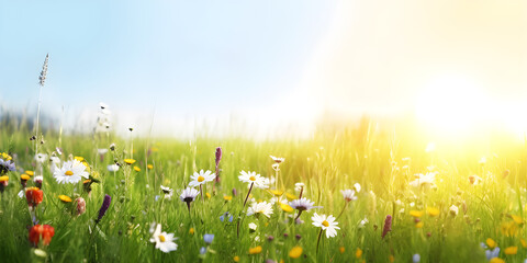 Beautiful meadow field with fresh grass and flowers in nature against a blurry green background with sun rays. Summer spring perfect natural landscape. Generative AI.
