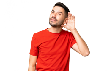 Young handsome caucasian man over isolated chroma key background listening to something by putting hand on the ear