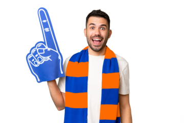 Young caucasian sports fan man over isolated chroma key background with surprise facial expression