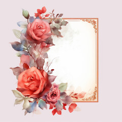 Blank white card in the center, surrounded by rose flowersa and petals, white background top view, AI Generated