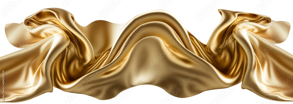Wall mural flying golden silk fabric. waving satin cloth isolated on transparent png background. generative ai.