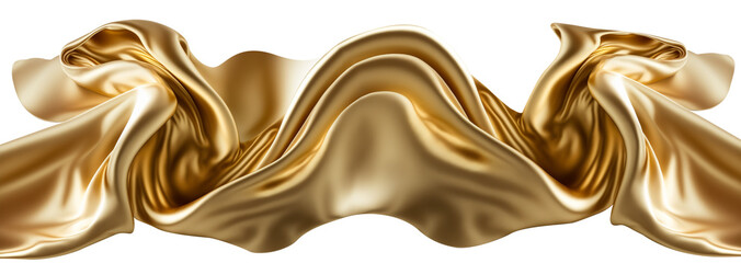  Flying golden silk fabric. Waving satin cloth isolated on transparent PNG background. Generative AI. - obrazy, fototapety, plakaty