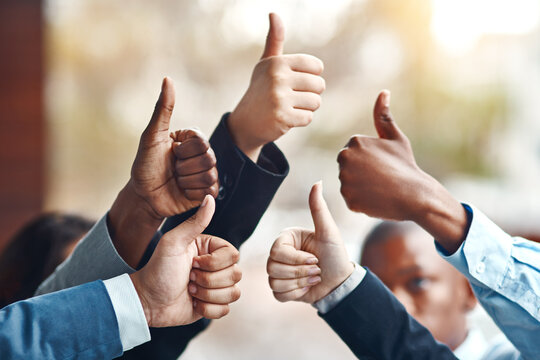 Teamwork, hands and business people with thumbs up for success, team building and motivation. Group, hand gesture and like emoji for agreement, ok or excellence, support or solidarity for cooperation
