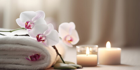 Fototapeta na wymiar Spa and wellness setting with orchid flower, candles and towel. AI Generative.