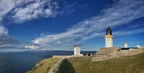 Lighthouse at Dunnet Head. Coast. North Sea. Orkney Islands. Panorama.