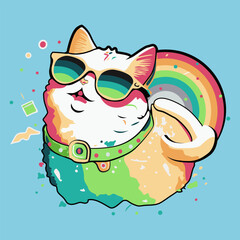 Obraz na płótnie Canvas Cute cat wearing sunglasses with rainbow cartoon art