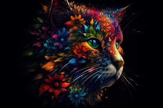Image of a cat head with beautiful bright colors on a dark background. Pet. Animals. Illustration, generative AI.