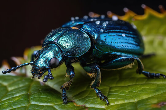 Image of a blue milkweed beetle on the leaf. Insect. Animals. Illustration. Generative AI.