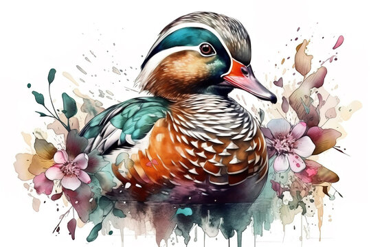 Image of painting mandarin duck with colorful tropical flowers. wildlife. Animal. illustration. Generative AI.