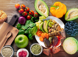 Healthy food clean eating selection on wooden background. Balanced diet concept. Generated AI