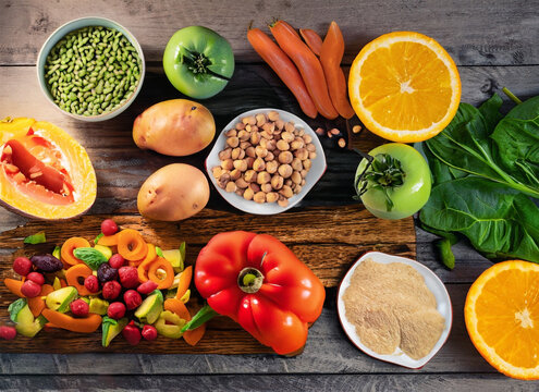 Healthy food clean eating selection on wooden background. Top view. Generated AI