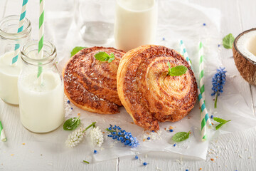 Sweet coconut buns as swedish dessert. Swedish delicacy.