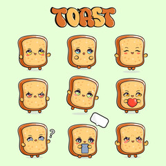 Funny cute happy toast bread characters bundle set. Vector hand drawn doodle style cartoon character illustration icon. Isolated green background. Sliced toast bread mascot character collection