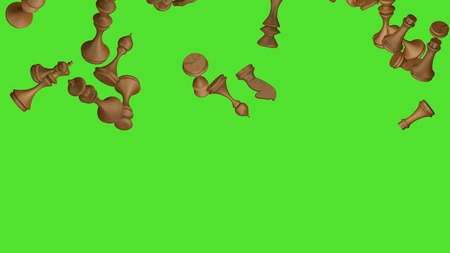 Rain of chess pieces. Falling chess pieces on the green screen. 3D animation.