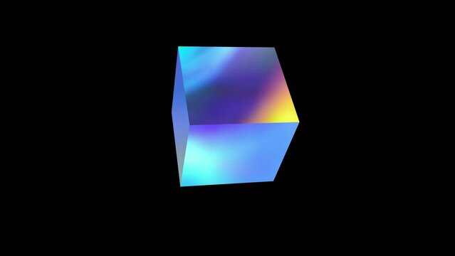 Rotating cube with holographic reflection. 3D animation on a black background.