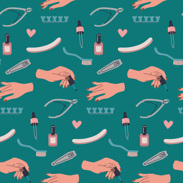 Well-groomed female hands with manicure. Hand applies nail polish. Seamless pattern of manicure tool kit.