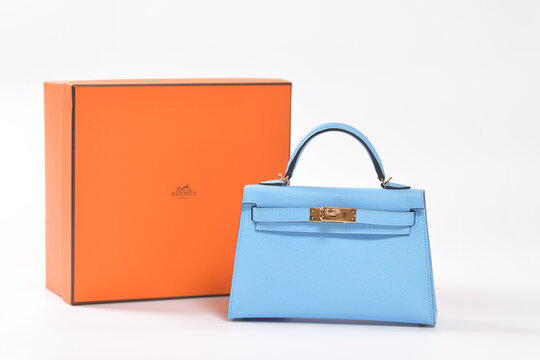 Bucharest, Romania 20 July  2023. Small blue  Hermes bag for ladies . Photo made in studio for editorial content. small bag for women