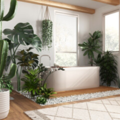 Blurred background, wooden bathroom with freestanding bathtub. Windows with venetian blinds. Biophilic concept, many houseplants. Urban jungle interior design