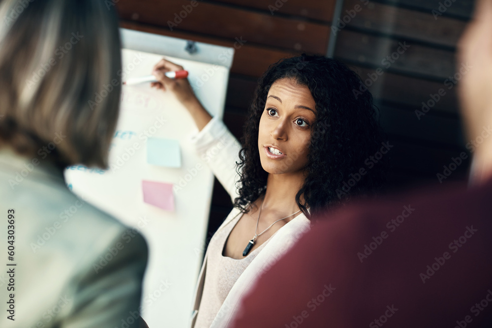 Sticker Presentation whiteboard, audience and woman speech, discussion or communication on office plan. Sales workshop, project management and team leader, speaker or biracial person speaking to group