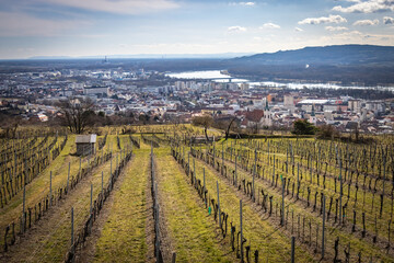 aerial view over krems an der donau and stein, krems, danube, lower austria, austria, wachau,...