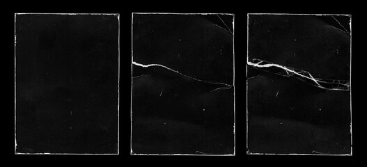 Set of Old Black Empty Aged Vintage Retro Damaged Paper Cardboard Photo Card. Blank Frame. Front and Back Side. Rough Grunge Shabby Scratched Texture. Distressed Overlay Surface for Collage - 604303852