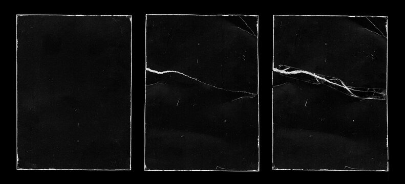 Set of Old Black Empty Aged Vintage Retro Damaged Paper Cardboard Photo Card. Blank Frame. Front and Back Side. Rough Grunge Shabby Scratched Texture. Distressed Overlay Surface for Collage