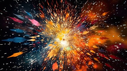 A bright, abstract background featuring exploding digital particles, shot with a fisheye lens under artificial light, using a high contrast film for a striking, energetic feel - Generative ai
