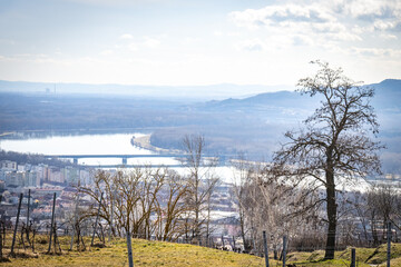 aerial view over krems an der donau and stein, krems, danube, lower austria, austria, wachau