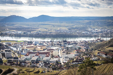 aerial view over krems an der donau and stein, krems, danube, lower austria, austria, wachau