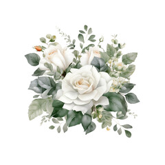Watercolor paster floral bouquet composition with roses and eucalyptus. Generative AI