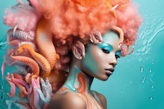 Young black sea witch woman with colorful fish in hair, in the style of light turquoise and light pink, created with generative ai