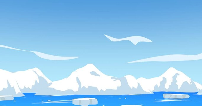 A seascape of the Arctic or Antarctic with many icebergs floating on it.
Cartoon style 3D rendering animation.