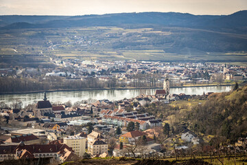 aerial view over krems an der donau and stein, krems, danube, lower austria, austria, wachau