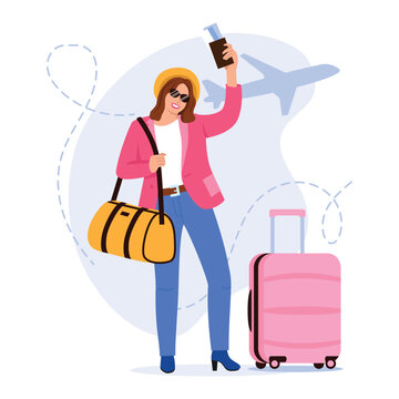 woman traveler holding passport, luggage clip art preview