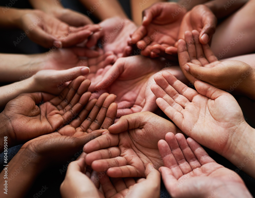 Poster People, diversity and open palm with support in a community with unity and care. Group, helping and hands together for charity with donation and global solidarity for poverty with diverse team.