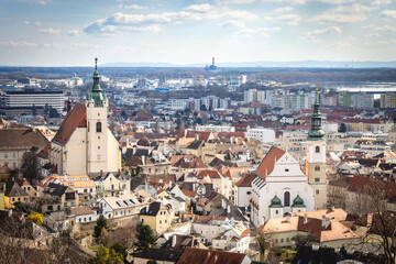 Fototapeta premium aerial view over krems an der donau, krems, danube, lower austria, austria, wachau, piaristenkirche