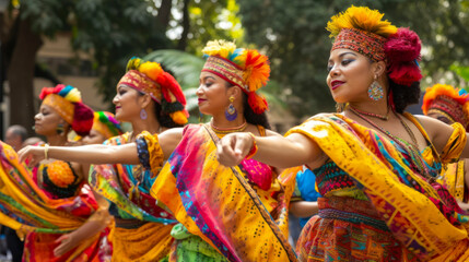 Naklejka premium Young girls dancing at Holi. Generated AI